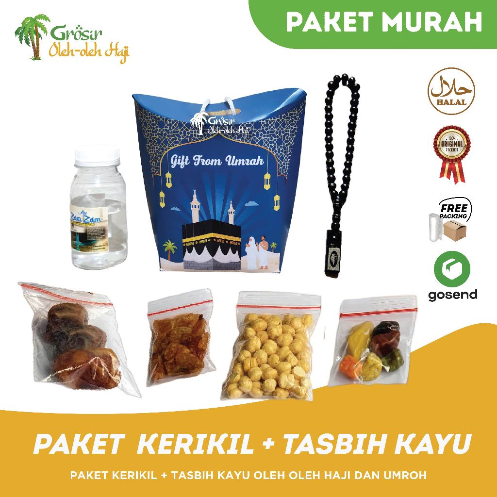 

Paket Oleh Oleh Haji dan Umroh dus Tali + Air Zamzam ori + Kurma Khalas + Coklat Kerikil + Tasbih Kayu