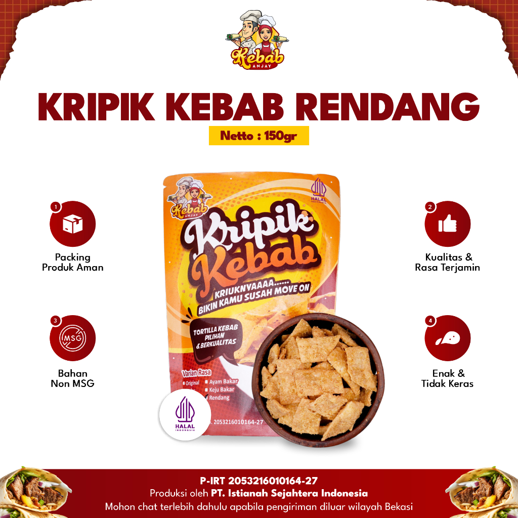 

Keripik Kebab Anjay Kribab 150gr Kripik Kulit Kebab Rasa Rendang Cemilan Renyah Non MSG Halal