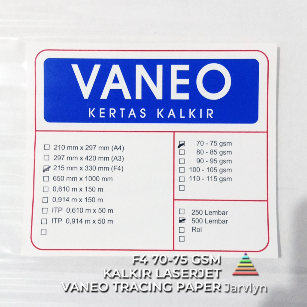 

JARVLYN - VANEO KERTAS KALKIR F4 70/75 GSM LASERJET TRACING PAPER GAMBAR ARSITEK FILM SABLON STENCIL