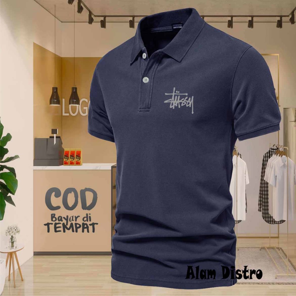 COD T-shrit POLO kerah Stussy Text Silver Kaos Kerah Dewasa Shirt / Kaos Wangki Pria Polo / Kaos Ser