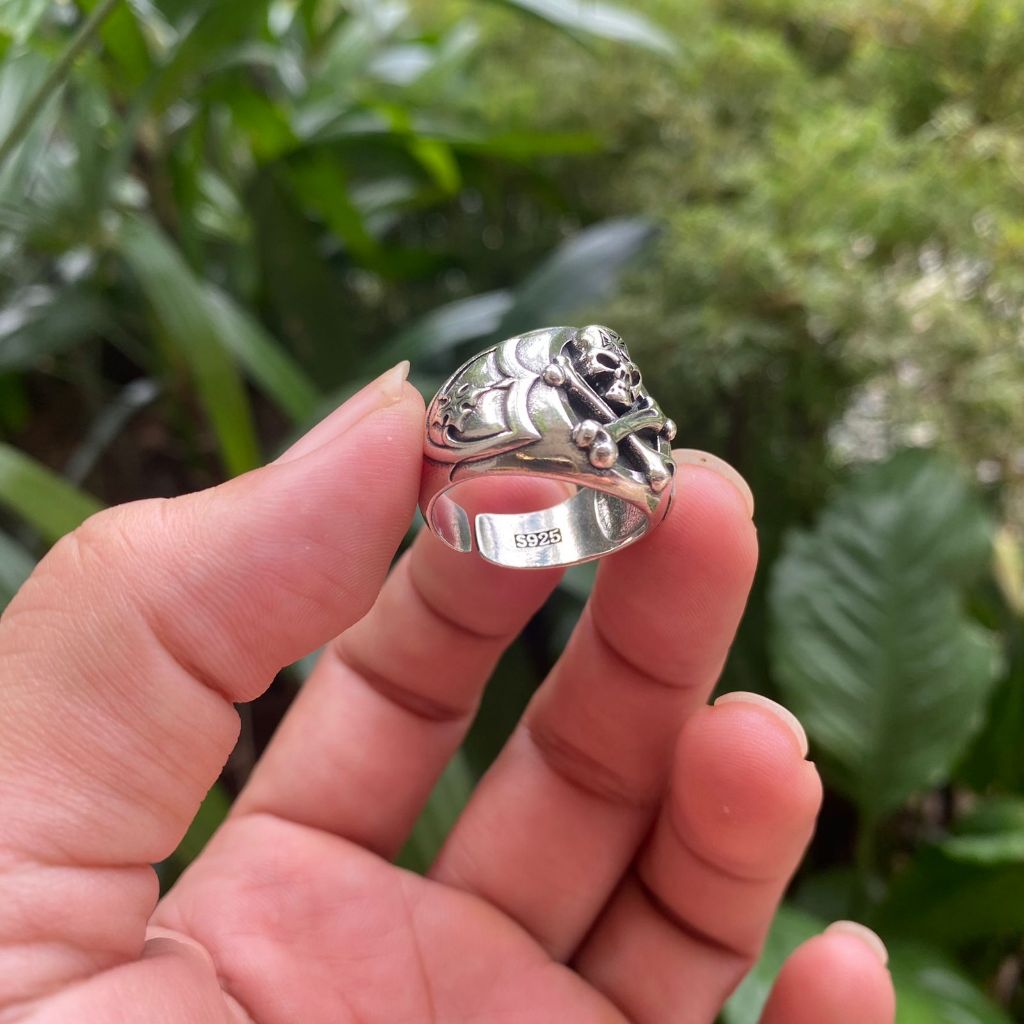 RK Cincin Tengkorak Tulang Silang S925 Perak Sterling / Cincin Pria Kepala Tengkorak Silver Anti