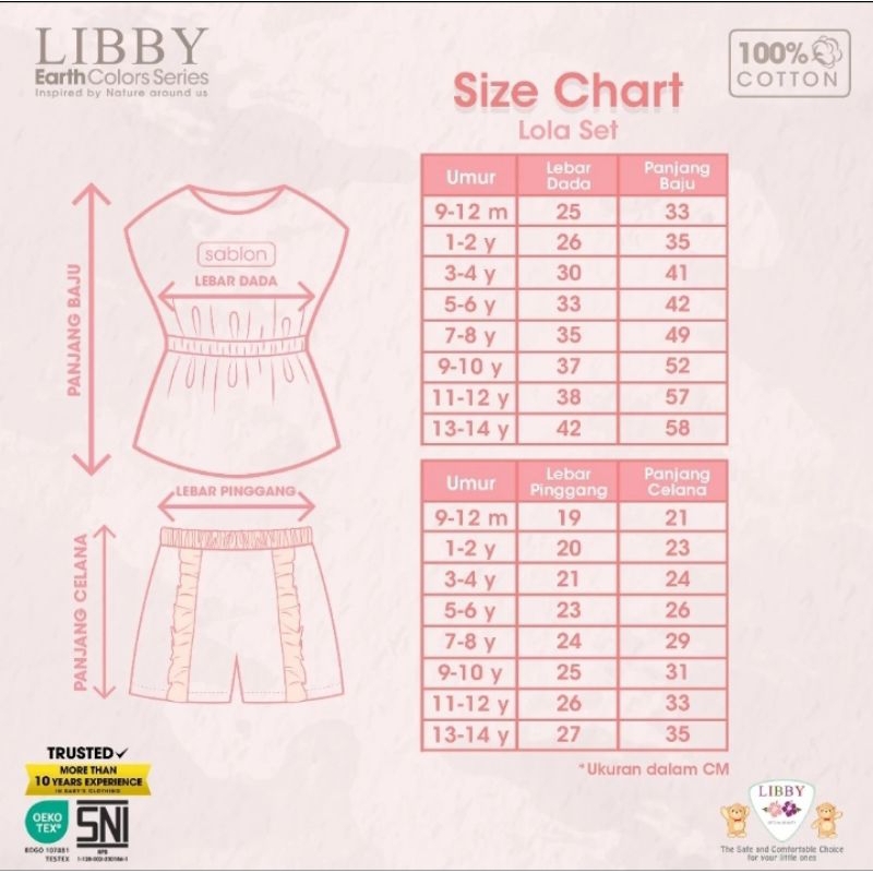 LIBBY INDONESIA Stelan Baju Oblong Pendek Celana Pendek Seri Lola Set &amp; Niji Set | Motif Earth Lola Set &amp; Niji Set Series | Unisex ( Cewek &amp; Cowok ) Untuk Bayi &amp; Anak ( 1 Stel )