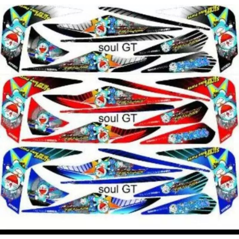 stripping lis sticker variasi Yamaha Mio soul GT motif doraemon biru merah hitam