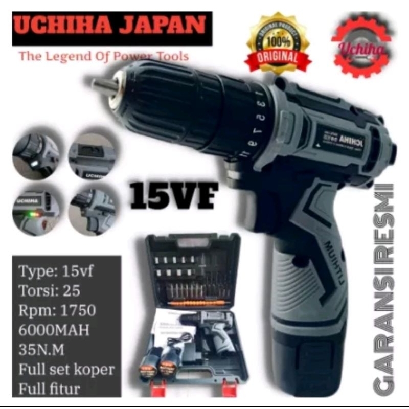 New PROMOBor Cordless dril 15v Uchiha bor tembok besi kayu fullset Import
