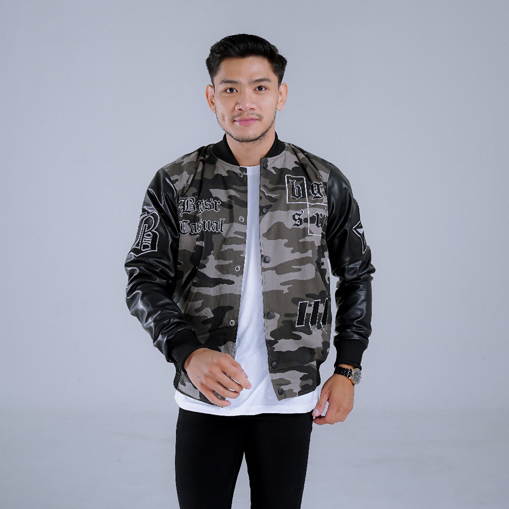 Jaket Varsity Pria Camo Army Loreng Bomber Baseball BGSR