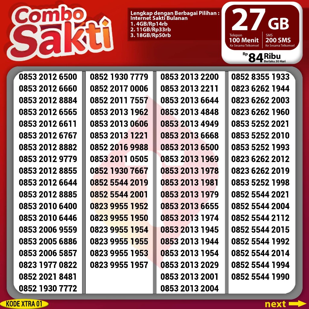 Nomor Cantik Kartu sakti 27gb Nomor Cantik Sakti 30gb simpati loop as