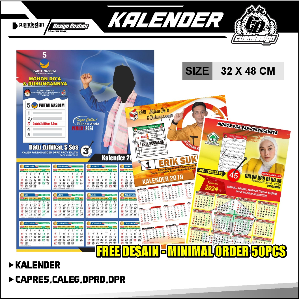 

CUSTOM CETAK KALENDER 2024 CALEG CAPRES PARTAI/ KALENDER KAMPANYE UKURAN A3+