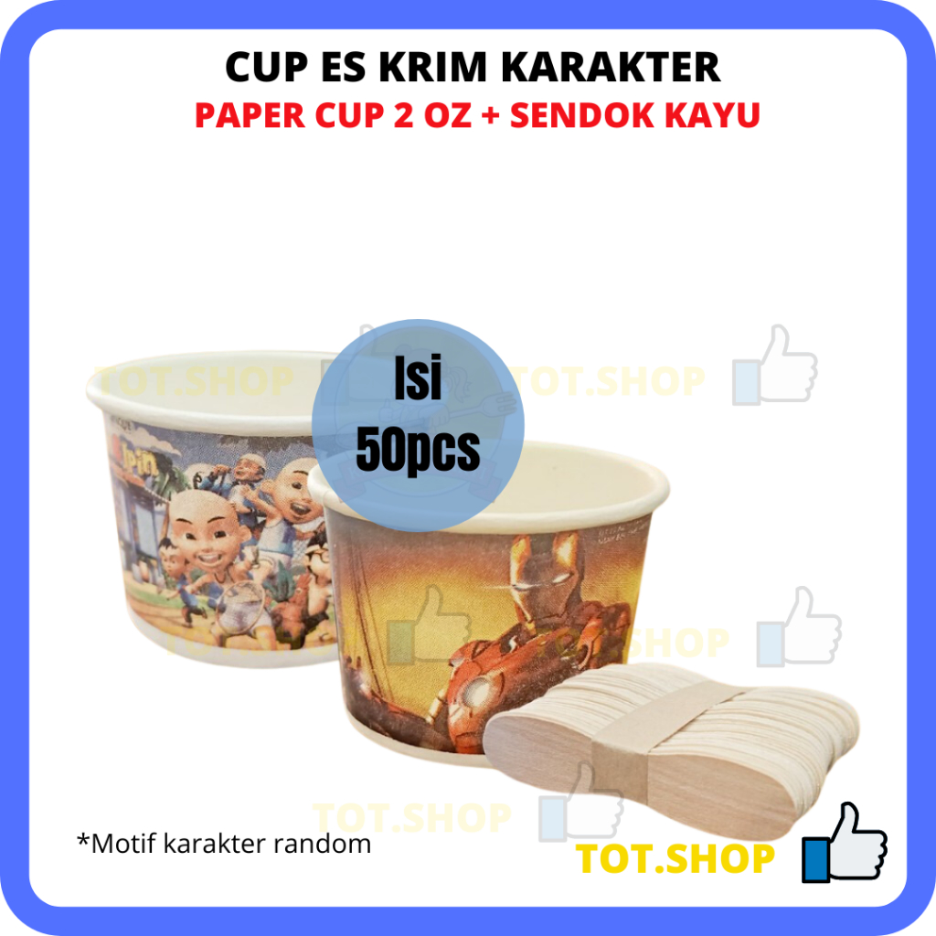 [Isi 50 Pcs] Paket Paper Cup Es Krim 50ml (lengkap Sendok Cup Kertas) Motif Lucu Murah Karakter / Cu