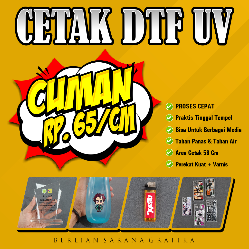 

Berlian Sarana Grafika Jasa Cetak DTF UV | Cetak DTF UV Per CM Per Meter | Print DTF UV Stiker Ukuran Meteran A3, A4, A5 | Cetak Decal Kering | Print Pengganti Stiker Cutting | Cetak DTF UV Untuk Souvenir Termurah