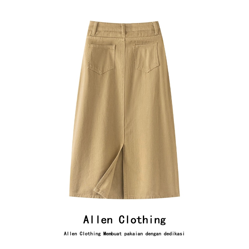 Allen Clothing Rok Denim Celah A-line Gaya Jalanan Khaki Rok Panjang Menengah Pinggang Tinggi Wanita Impor Korea