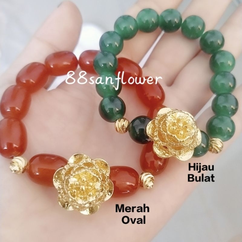 Gelang Giok Bunga Mawar Lapis Emas