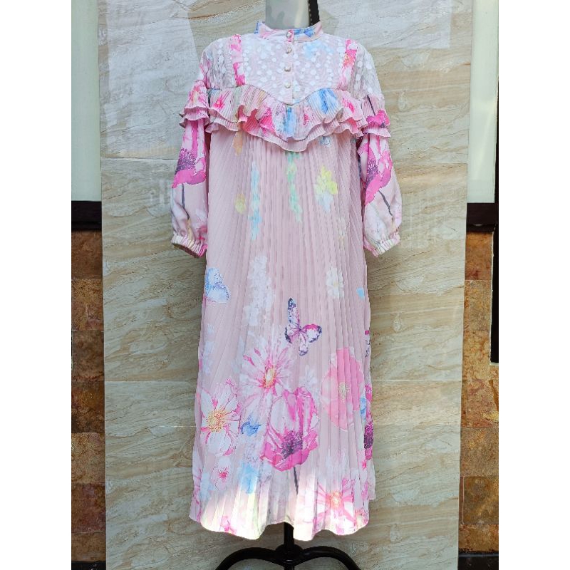 Dress Maxi Long Tunik Ceruty Plisket Bangkok / Midi Tunik Bunga Pink Meijiwang/ Midi Kantor