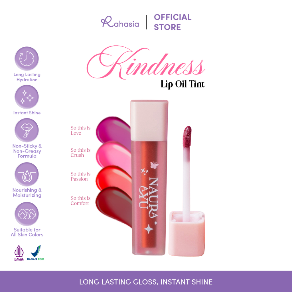 	 Rahasia Beauty x Naura Ayu - Kindness Lip Oil Tint Natural Healthy Long Lasting Moist Glossy Shinny Lip Lembap Tahan Lama Sehat Ringan Tidak Lengket Semua Jenis Kulit	