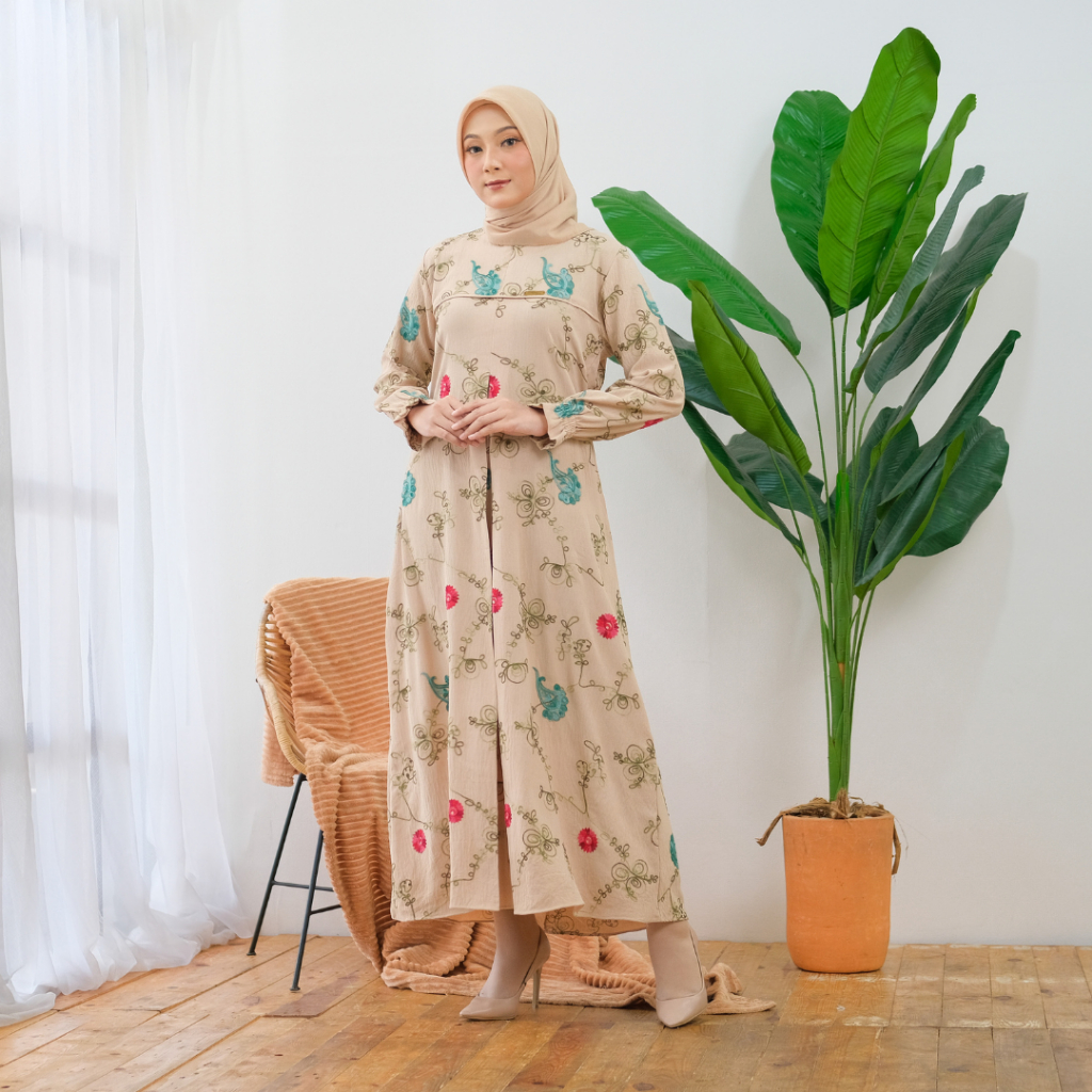 Gamis Naura Dress Rose Ariflow Crinkle Premium Bordir Motif Bunga Terbaru 2023