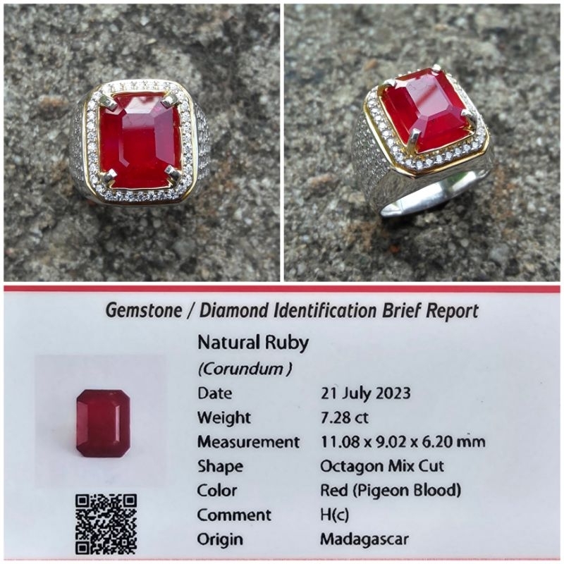 Cincin Permata Batu Natural Ruby Pigeon Blood Ring Perak Memo