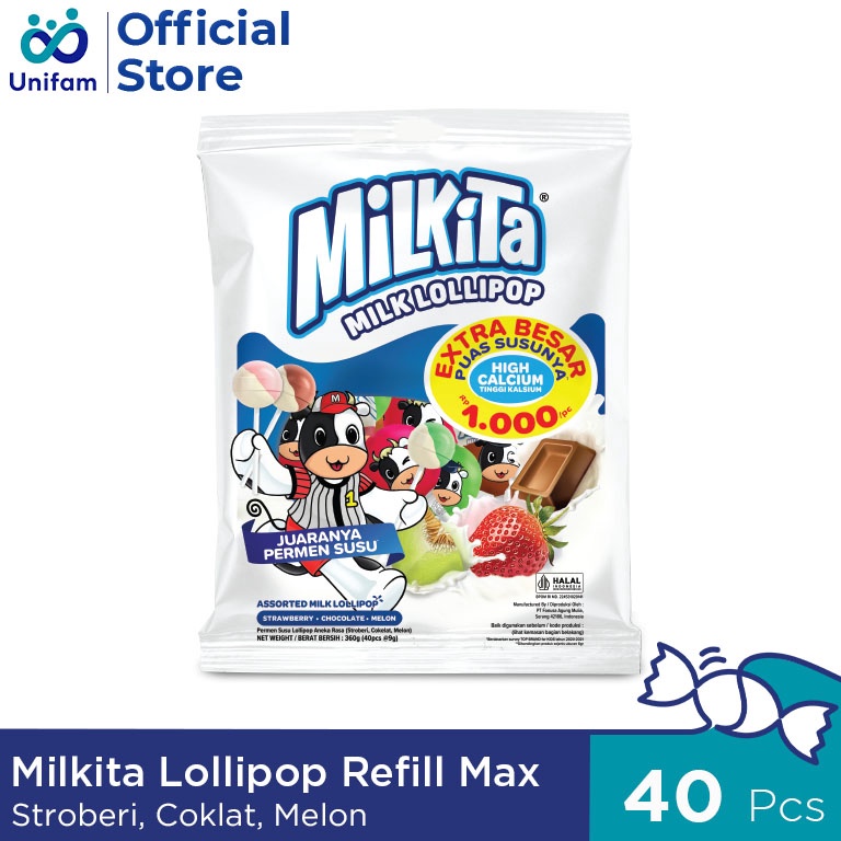 

[Produk OP37] Milkita Lollipop Max Refill Candy (1 Bag Isi 40pcs) - Permen Susu Lolipop Rasa Cokelat, Stroberi & Melon (CSM) Terupdate