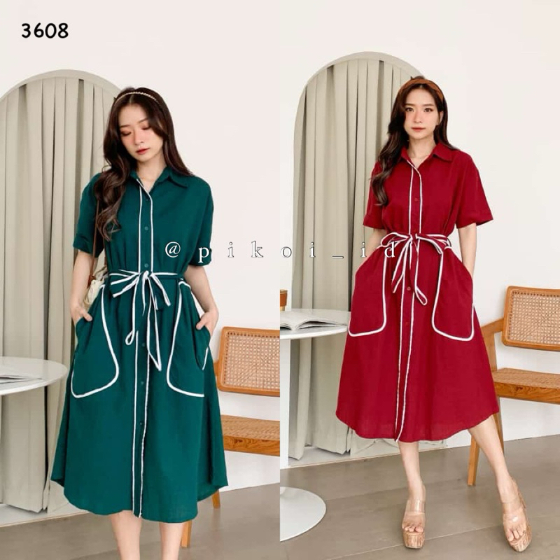 Dress natal wanita lengan pendek merah hijau / dress ikat list putih / dress korea vintage 3608