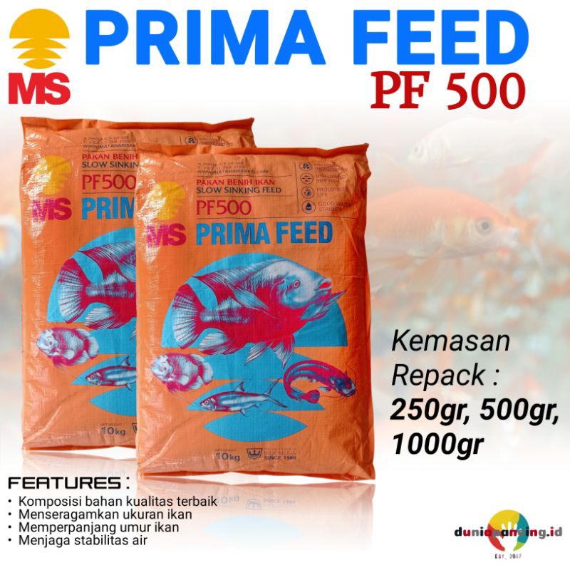 500 gram repack kemasan eceran pakan ikan tinggi protein Prima Feed PF 500/pf Pelet ikan/Pakan ikan 