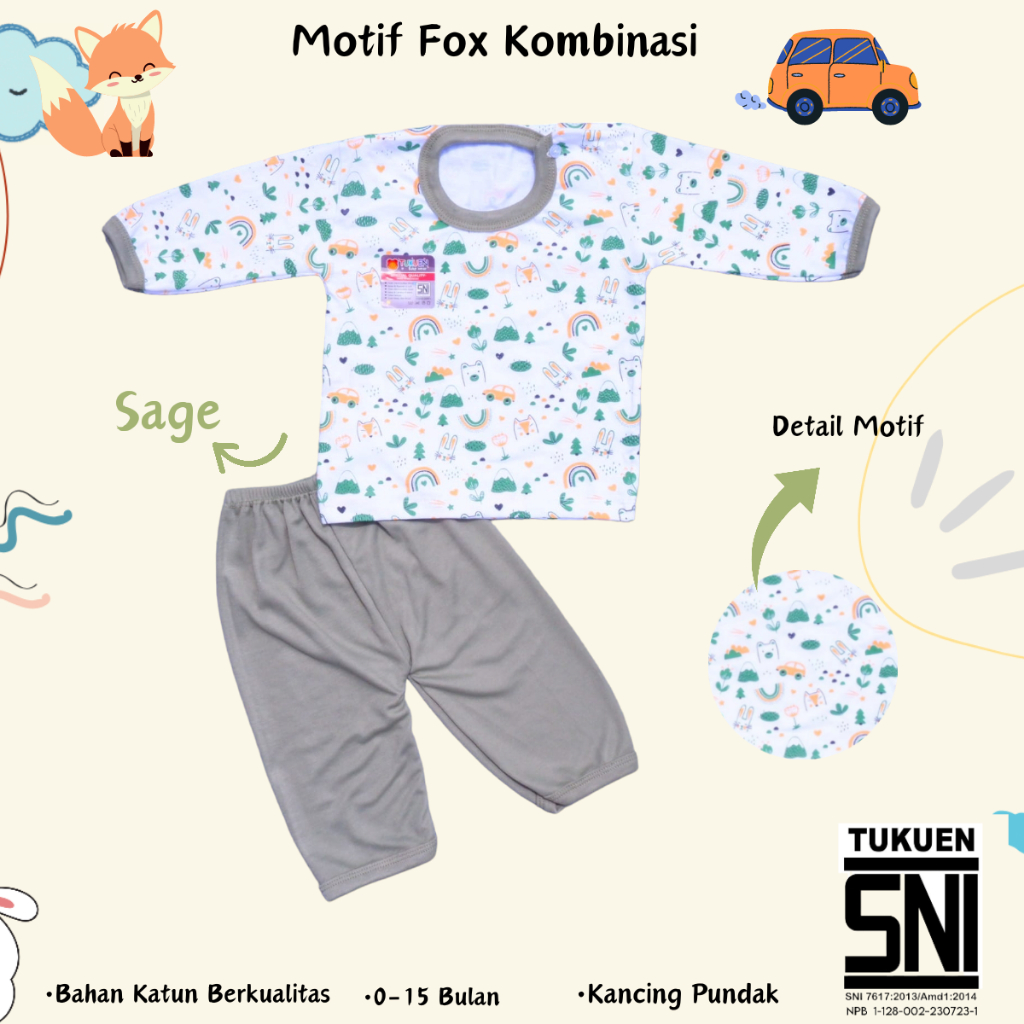 Set Setelan Baju Bayi  Full Panjang 0-15  Bulan Motif FOX KOMBINASI