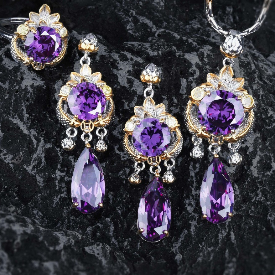 VS27U Set Perhiasan Gaya Istana Retro Pisces dengan Anting-Anting Liontin Batu Permata Berwarna Cinc