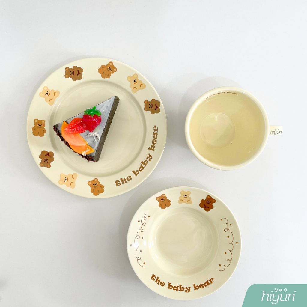 HIYURI Piring Makan Set Motif Beruang/piring makan keramik/piring makan motif/piring makan aesthetic