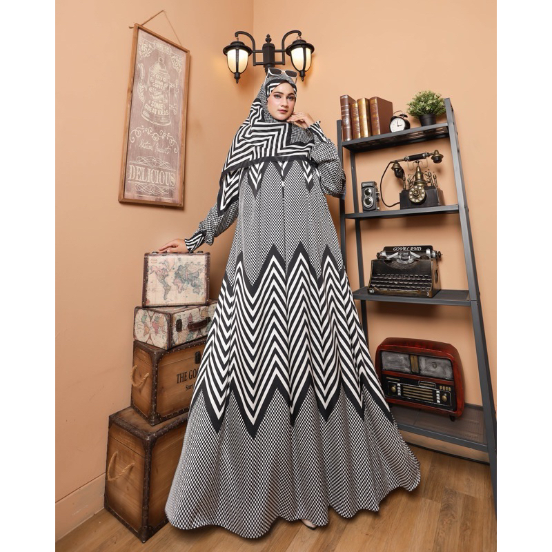 Moana dress monokrom set hijab, Gamis terbaru 2023, gamis armany slik, set hijab gamis, gamis set hi