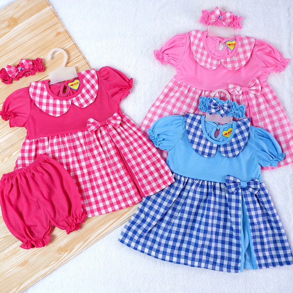 Super Testimoni ⬇️ Stelan Baju Dress, Bando Dan Celana Usia 3-12 Bulan Anak Bayi Perempuan. Setelan Pakaian Baby Cewek Kisaran 1 Tahun