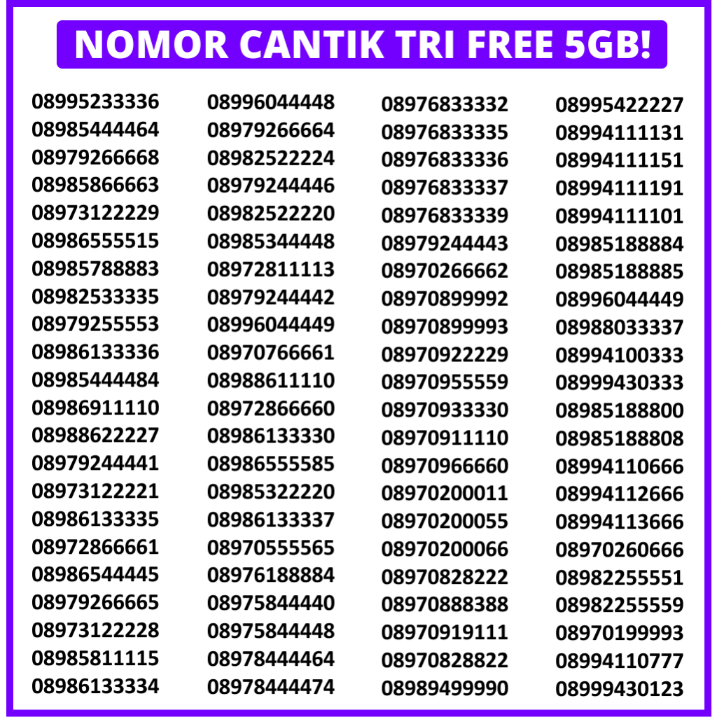 Nomor cantik tri Three 3 | Nocan 3 cantik | Nomer cantik tri three 3 super | Kartu perdana Tri Three 3 Cantik | Request Nomor Cantik tri 11 digit | Perdana 3 cantik | Perdana tri aon | Request Nomor cantik tri three 3 murah segel gratis kuota 5gb