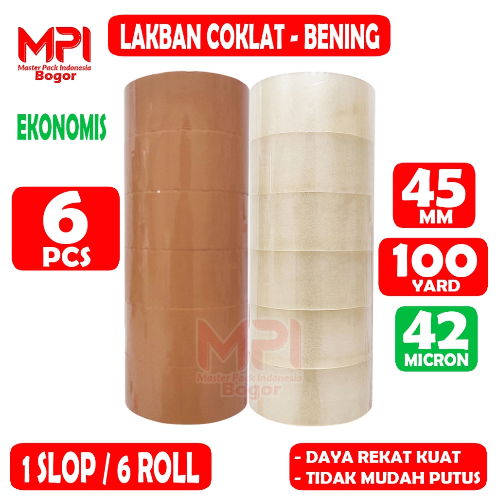 

1 SLOP [ 6 ROLL ] Lakban Bening - Lakban Coklat Ekonomis 45 mm x 100 Yard / Lakban Packing Paket - Master Pack Indonesia Bogor