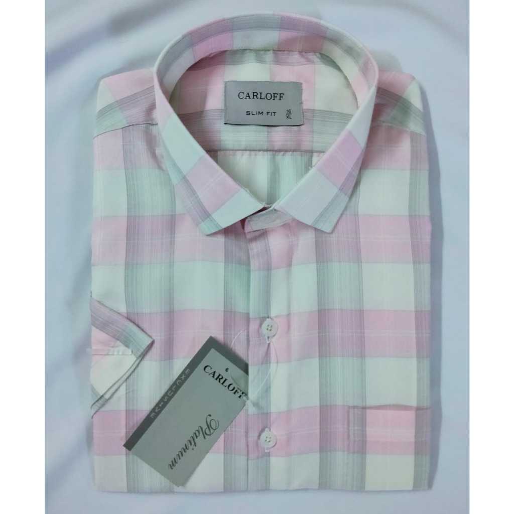 CARLOFF Pakaian Pria Hem Baju Kemeja Lengan Pendek Kotak 4024PD Dasar Krem Kotak Pink