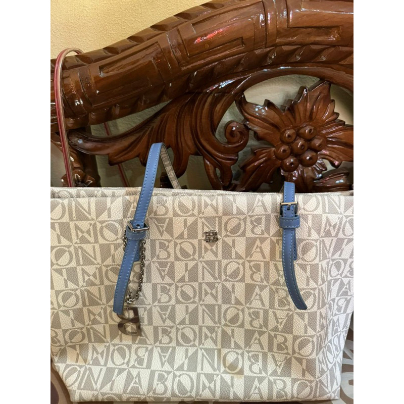 tas bonia original tote bag monogram putih tali biru M