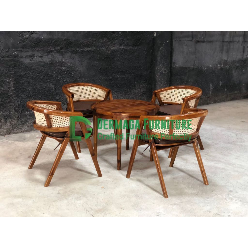 SET KURSI C LENGKUNG DUDUKAN BANTALAN MEJA BULAT GAMBANGAN KAYU JATI FINISHING SIAP PAKAI SOFA KURSI
