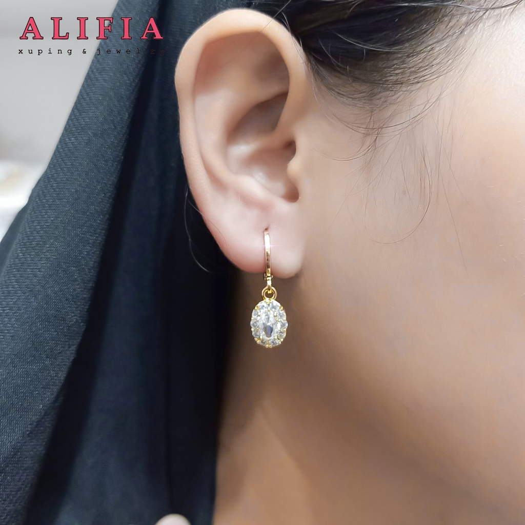 Anting Gantung Bulat Lonjong Mata Satu Timbul Permata Terbaru Perhiasan Wanita Dewasa Ala Korea