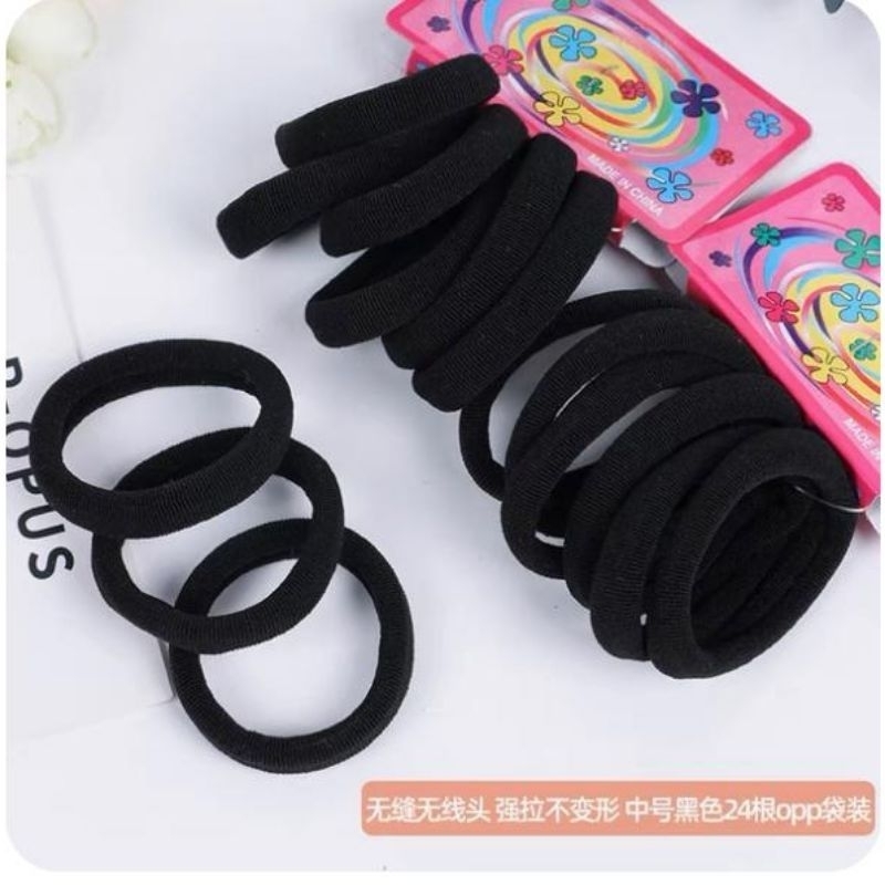 (LF)(ISI 5 pcs) Ikat Rambut Donat Hitam 6cm Besar Karet Rambut Wanita warna Hitam