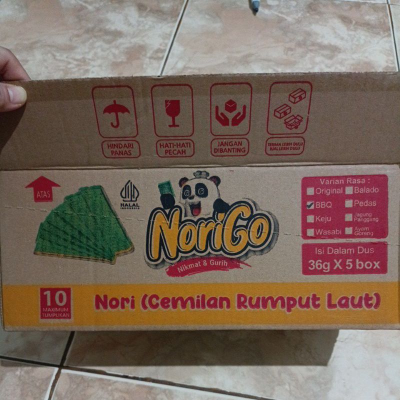 

Norigo rumput laut panggang rasa barbeque 1 karton isi 5box@12 sachet