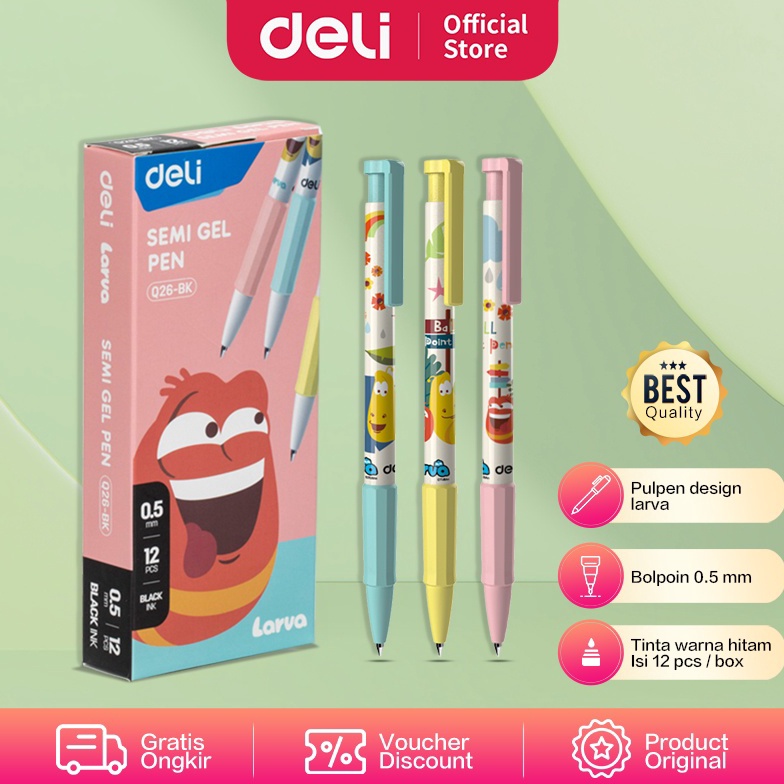 

Terlaris Deli Semi Gel Pen / Pulpen Semi Gel Kartun Larva 0.5mm Isi 12 pcs Tinta Hitam Tiga Variant Gambar EQ26 34