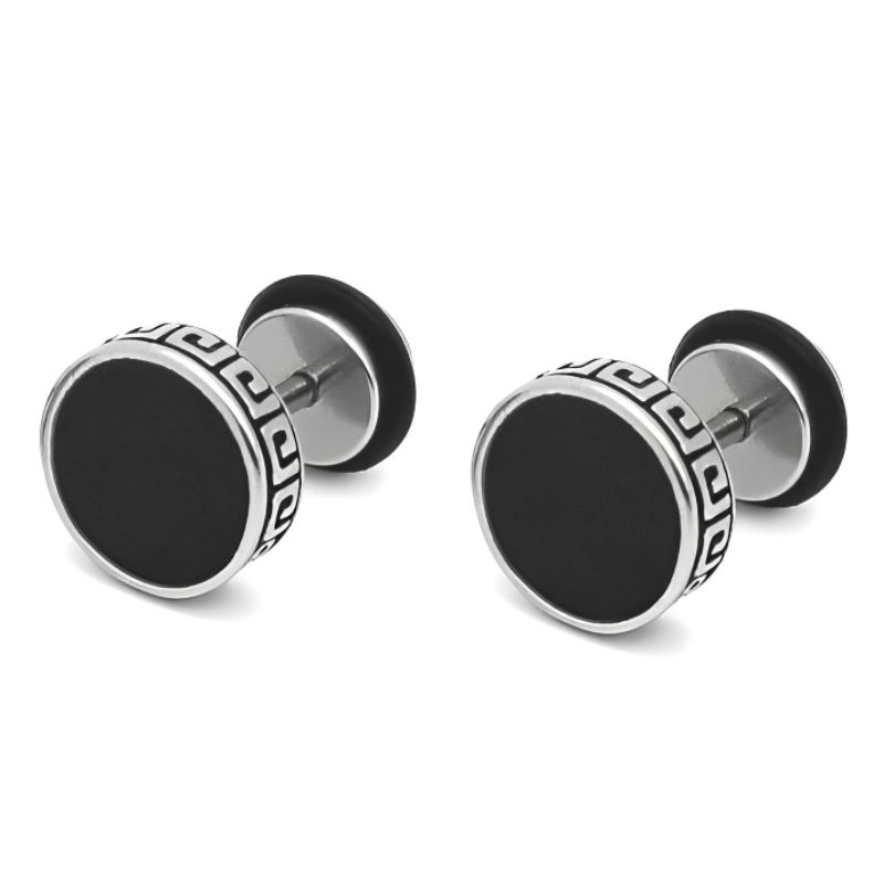 Anting Pria Bulat Titanium Ukir Hitam Black Stud Earrings Anti Karat 8Mm 10Mm Tahan Lama Awet By