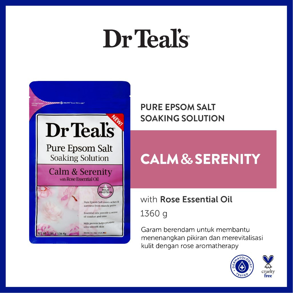 Dr Teal's Pure Epsom Salt Soaks/Garam Berendam - Rose Essential Oil 1360 G