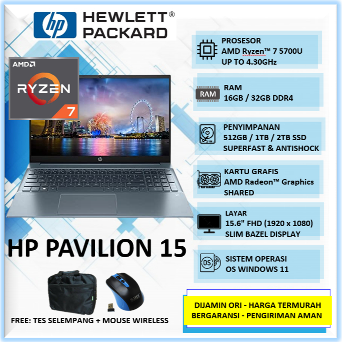 Laptop Gaming HP Pavilion 15 Amd Ryzen 7 5700U Ram 32GB SSD 2TB 15.6" FHD Win11Home Blue