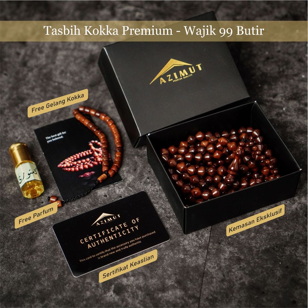 TASBIH KAYU KOKKA ORIGINAL 100% - TASBIH KAUKAH BERSERTIFIKAT 99 BUTIR MOTIF WAJIK