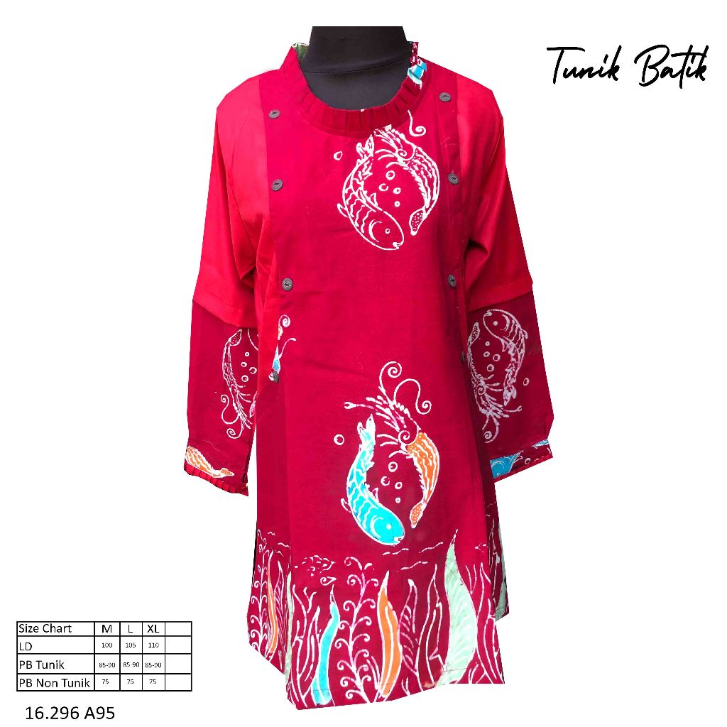 Tunik Batik Wanita -Motif Udang Bandeng -Warna Merah Cantik -Kombinasi Kain Polos -16.296