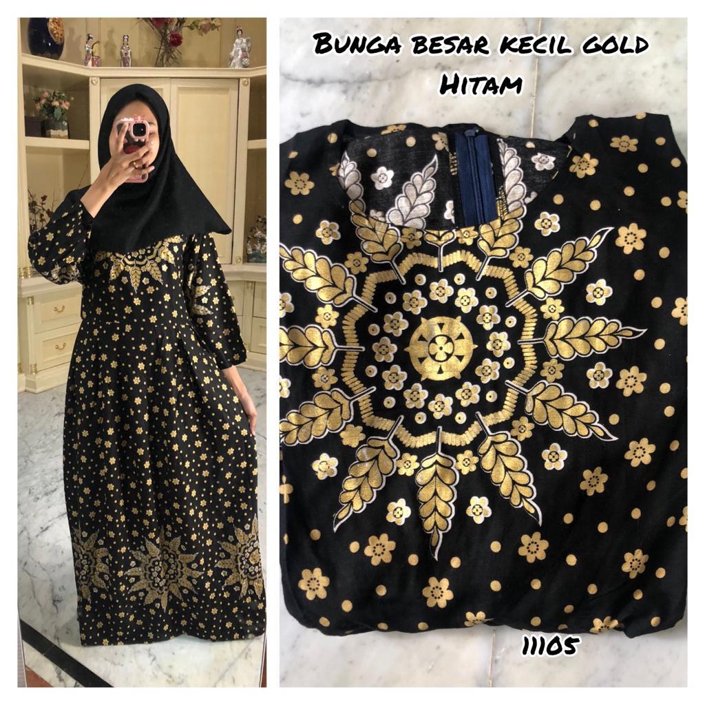 GAMIS RAYON MOTIF BUNGA BESAR KECIL GOLD (HITAM)