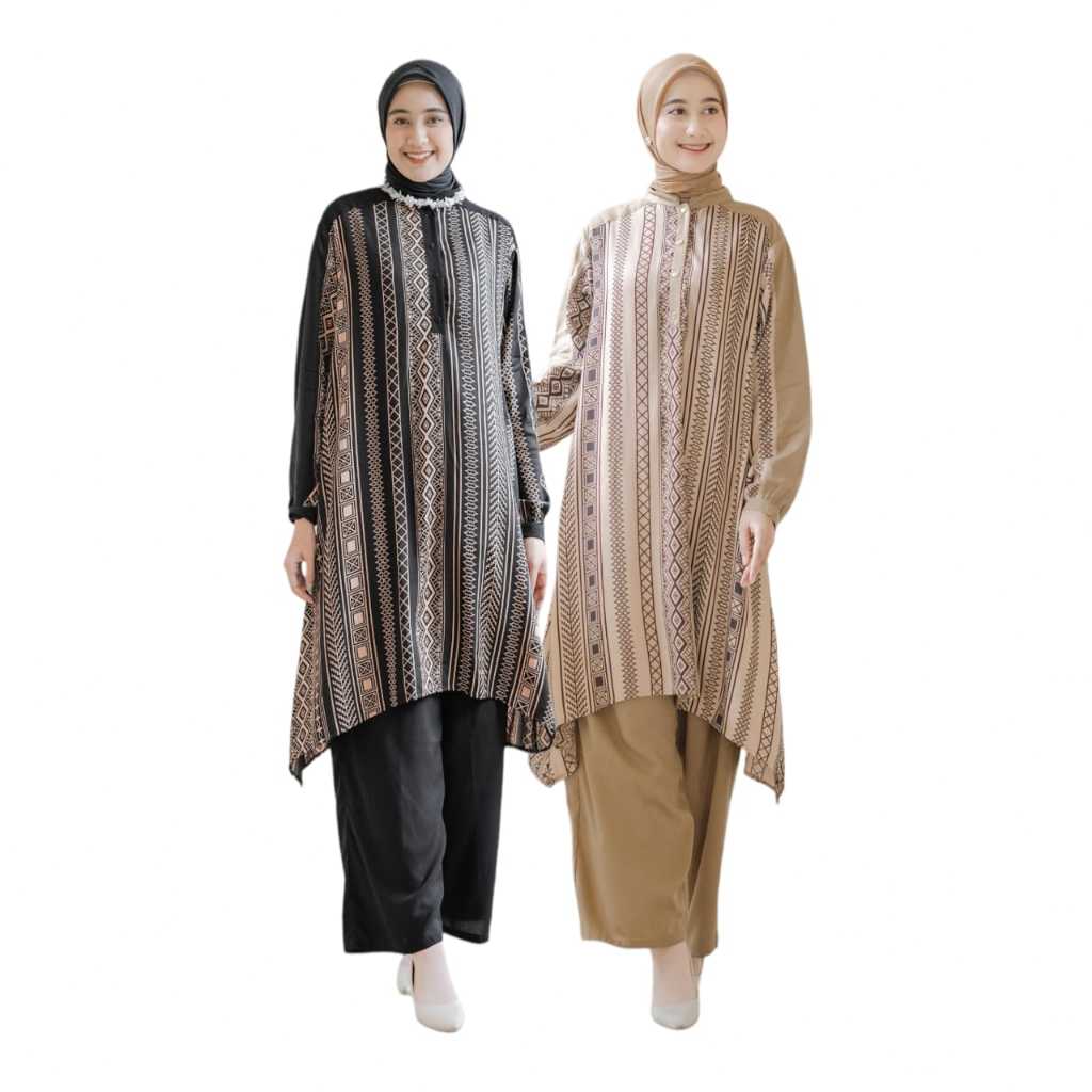 Vente Daily Aileen One Set Wanita Jumbo Rayon Motif Premium Motif Print Batik Etnik / Baju Setelan Celana Panjang Kulot Wanita Muslim Ootd Kekinian LD 120 Busui / Pakaian Stelan Long Tunik Korea Style Trendy