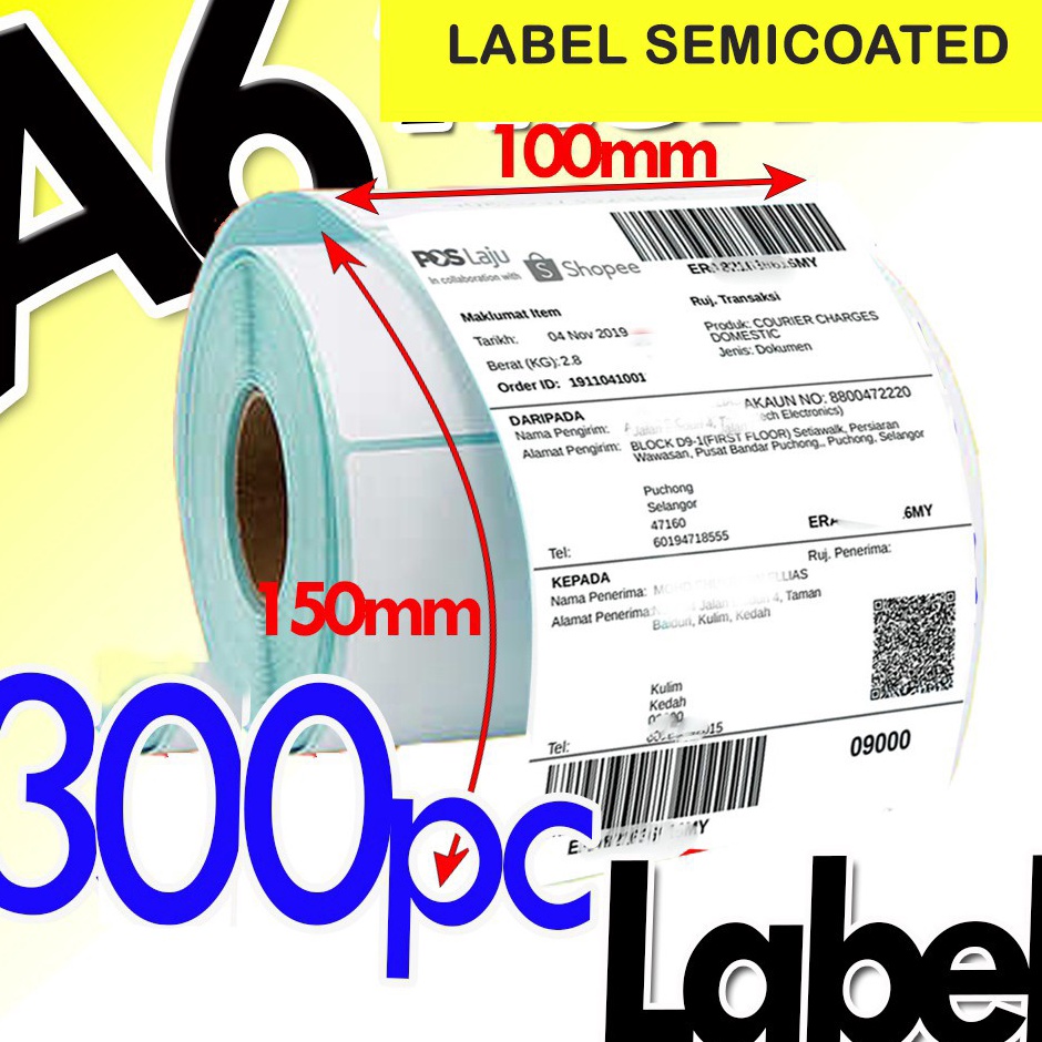 

Baru LABEL STICKER SEMICOATED BARCODE 100x150mm 10x15cm 300Pcs Core 1 inch SIZE A6 ALAMAT Ready