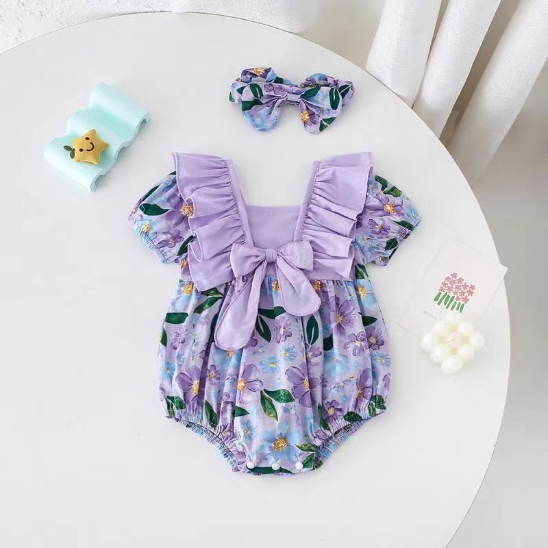 Purple Bow Romper + Bow / Pakaian Dress Jumper One Set Bayi Perempuan Cewek Baby Girl 3 6 9 12 15 Bu
