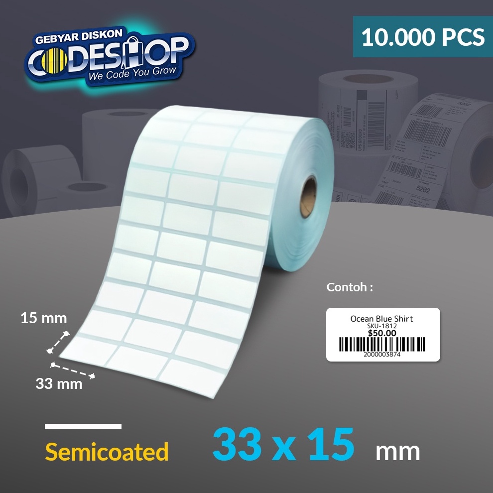 

12.12 MALL Codeshop Label Semicoated 33 x 15 mm 3 Line Stiker Printer Barcode Core 1 Inch isi 10000 Pcs !