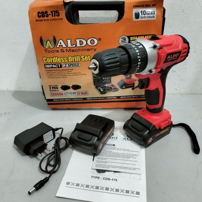 MESIN BOR IMPACT CORDLESS "ALDO" CDS-175 10MM ||BOR IMPACT CES/TENAGA BATERAI 12VOLT 10MM