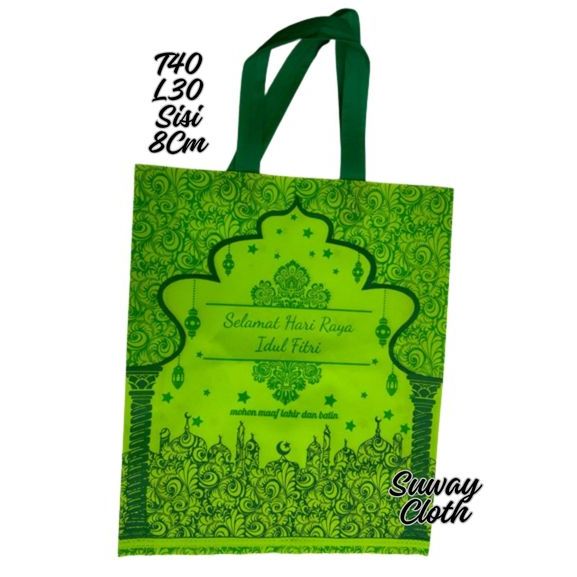 

TAS Idul Fitri 30x40x8 CM isi 12 Helai Hijau / Goodie bag Sablon Lebaran 38x45x8 cm Kuning / Kantong Kain Serbaguna / spunbond Bingkisan Lebaran