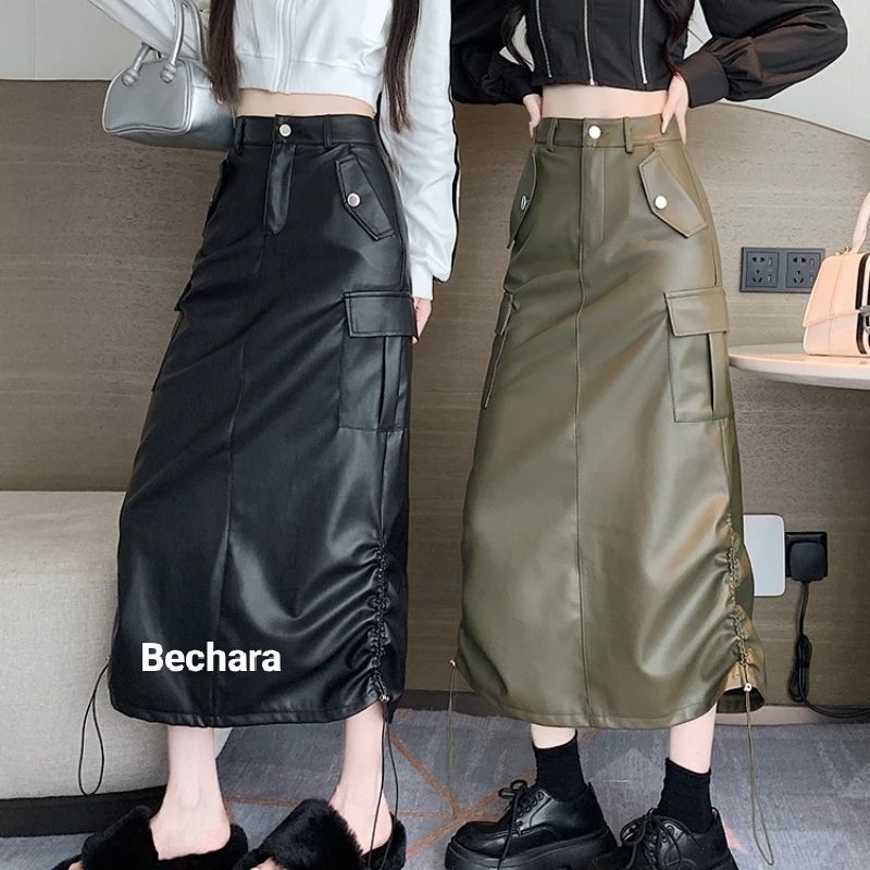 Rok Cargo Serut Kulit Panjang Korean Style