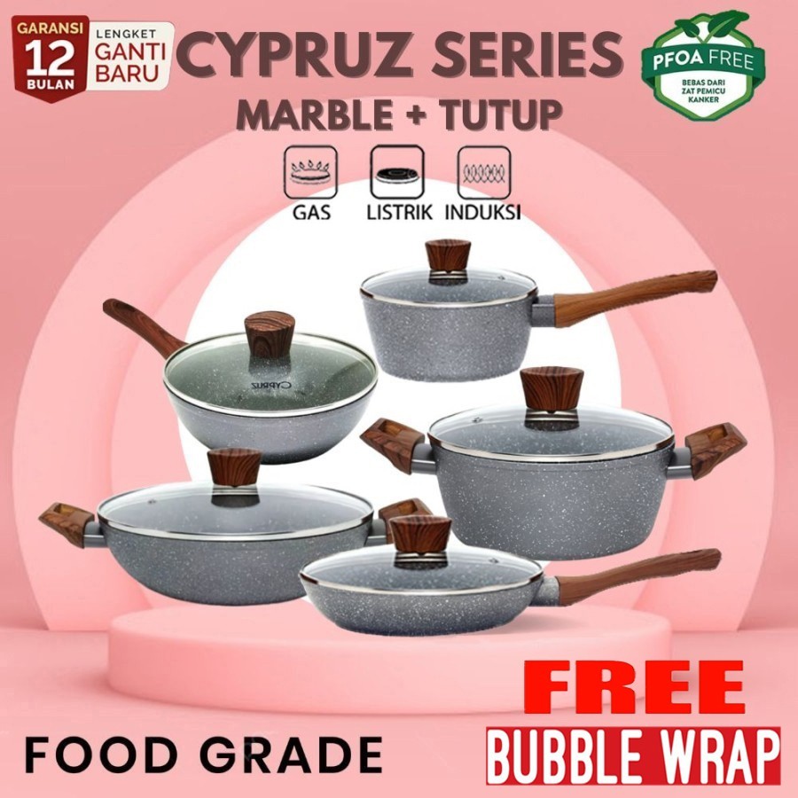 Cypruz Cookware Marble Anti Lengket Cyprus Sauce Pan Fry Pan wok panci Induksi + Tutup
